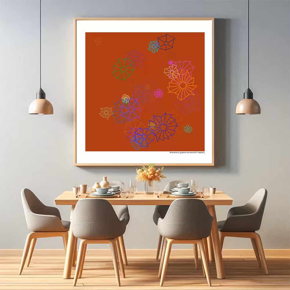 33 shards on graphite and emerald in tapestry in room setting