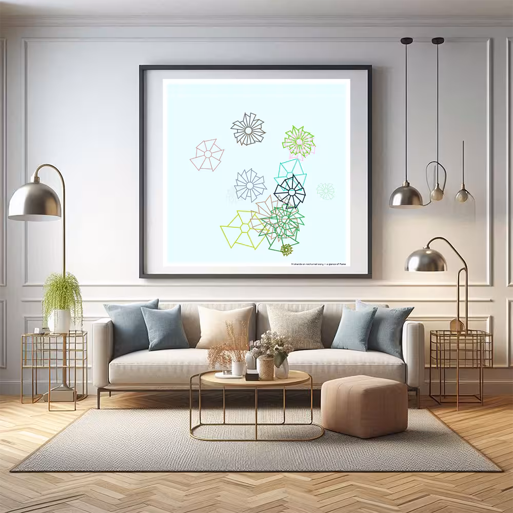 14 shards on nocturnal ivory — a glance of flame in room setting