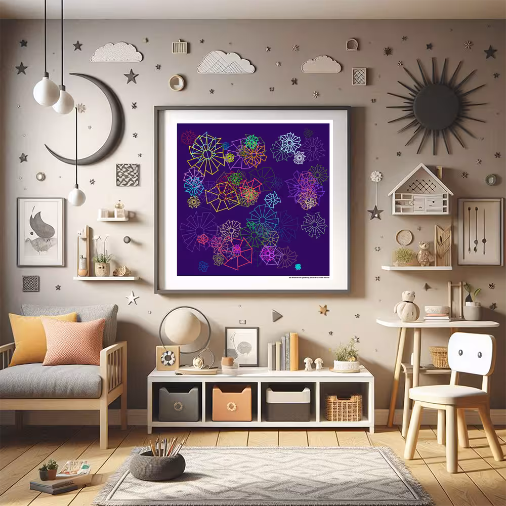 68 shards on glowing mustard from mirror in room setting