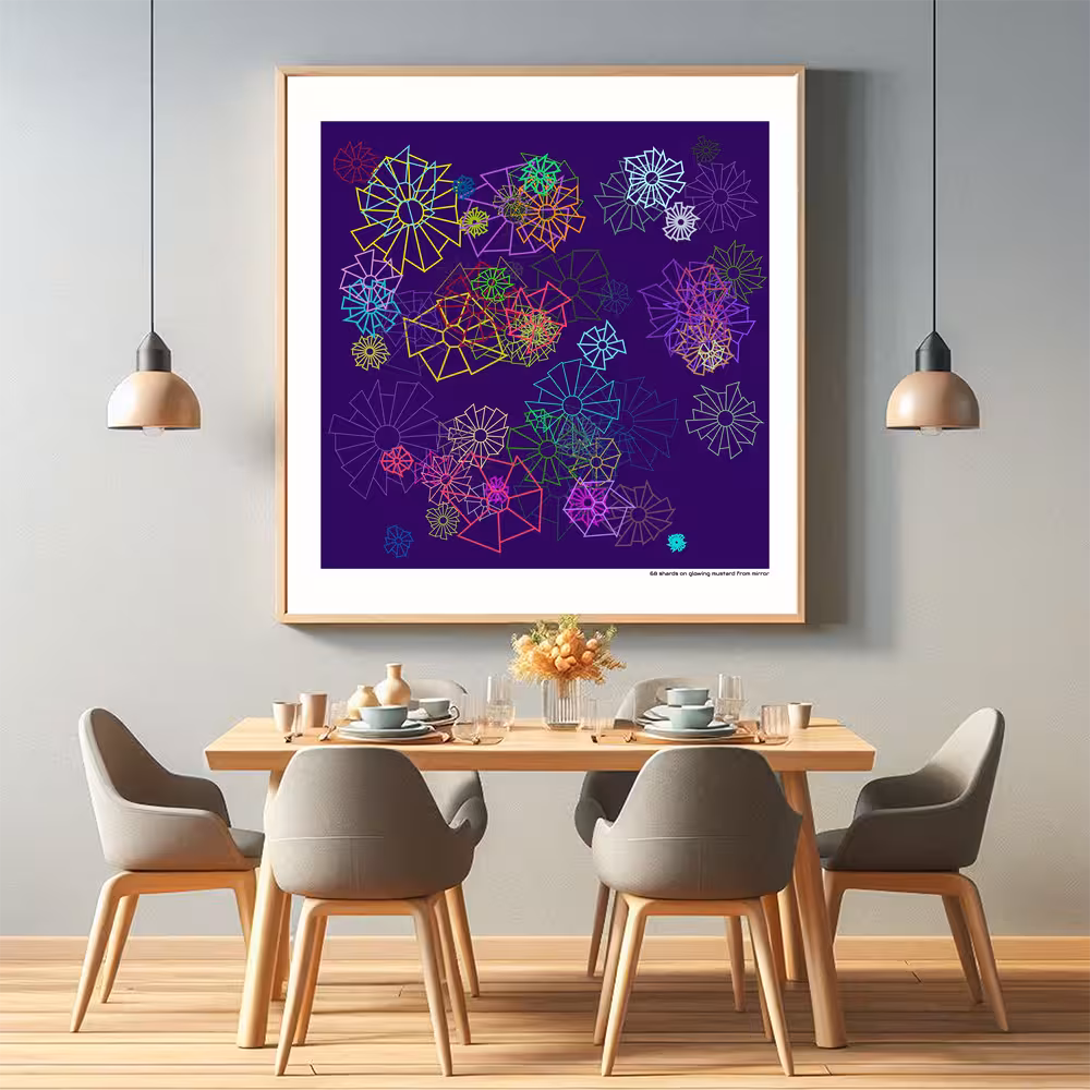 68 shards on glowing mustard from mirror in room setting