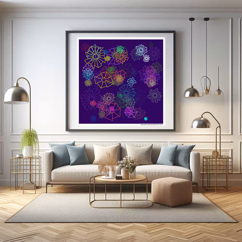 68 shards on glowing mustard from mirror in room setting