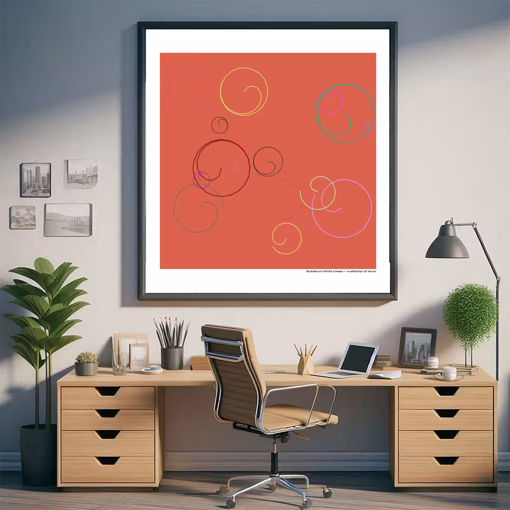 16 shells on infinite crimson — a reflection of mirror in room setting