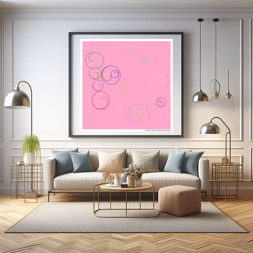 18 shells on lantern of delicate rose and sand in room setting