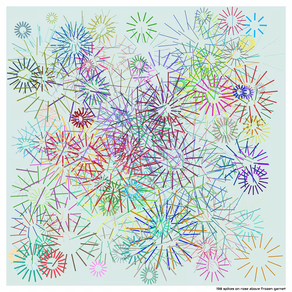 198 spikes on rose above frozen garnet