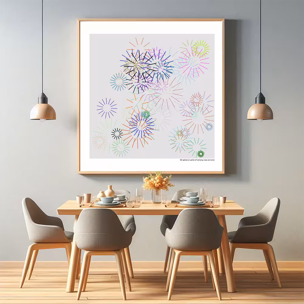 55 spikes on petal of echoing rose and wine in room setting