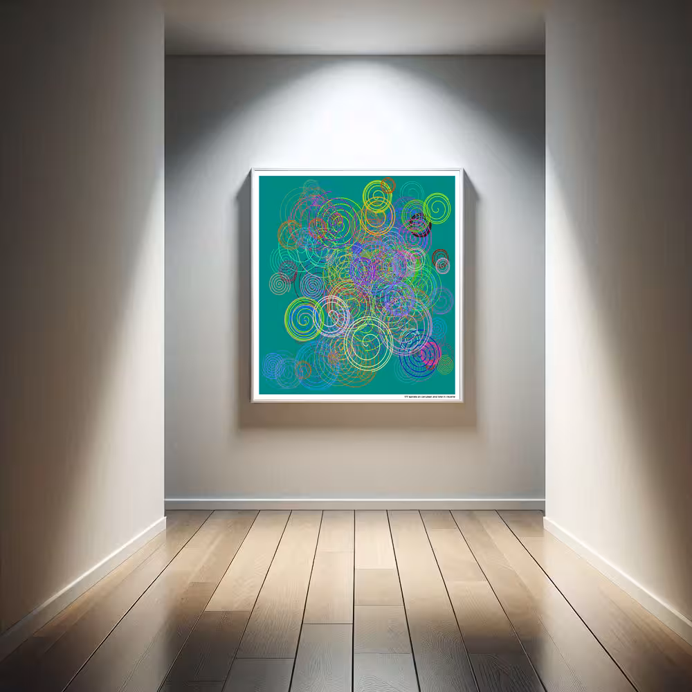 177 spirals on cerulean and lime in reverie in room setting