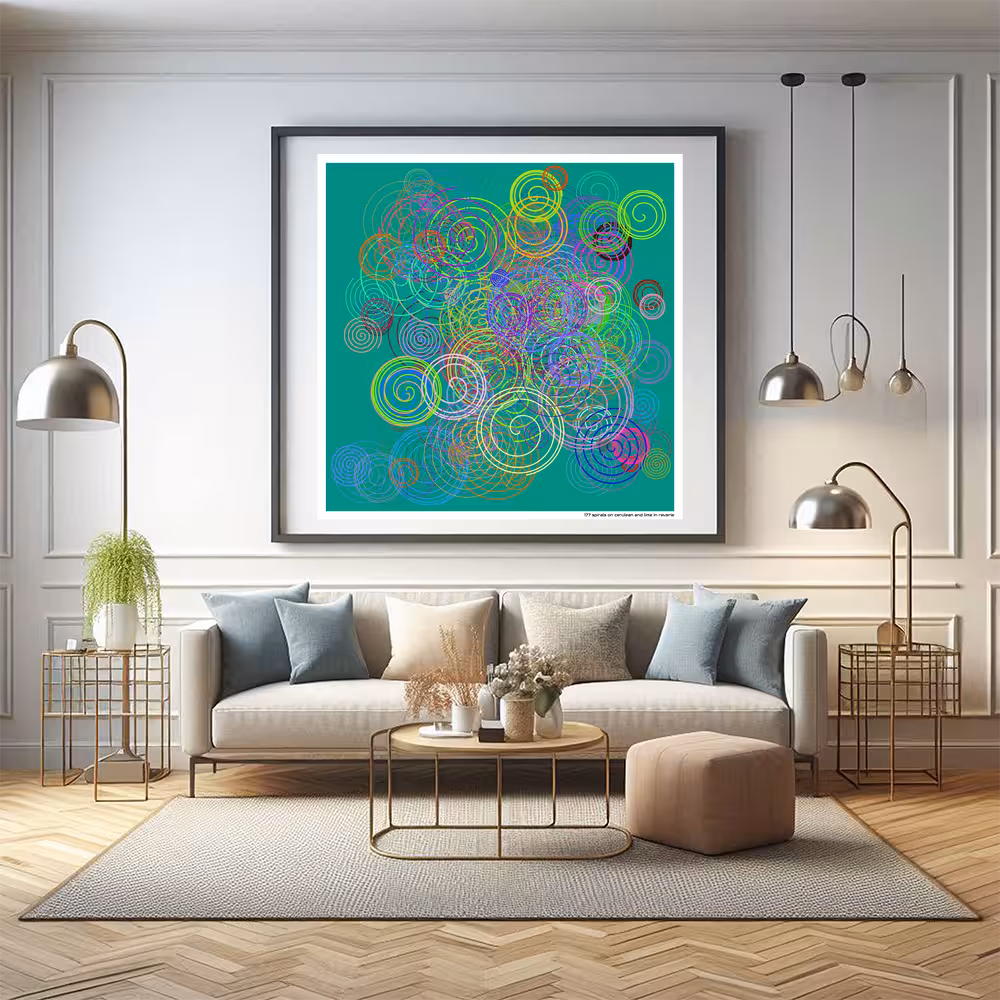 177 spirals on cerulean and lime in reverie in room setting