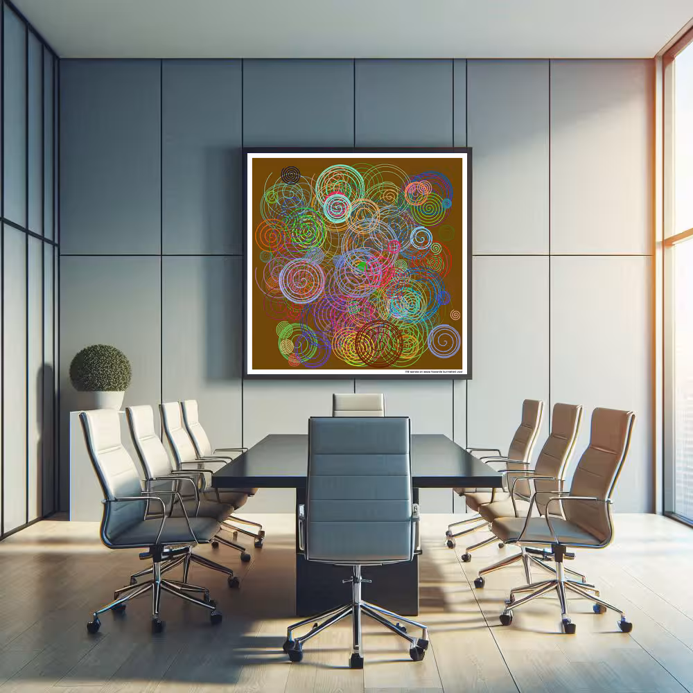 172 spirals on sepia towards burnished void in room setting