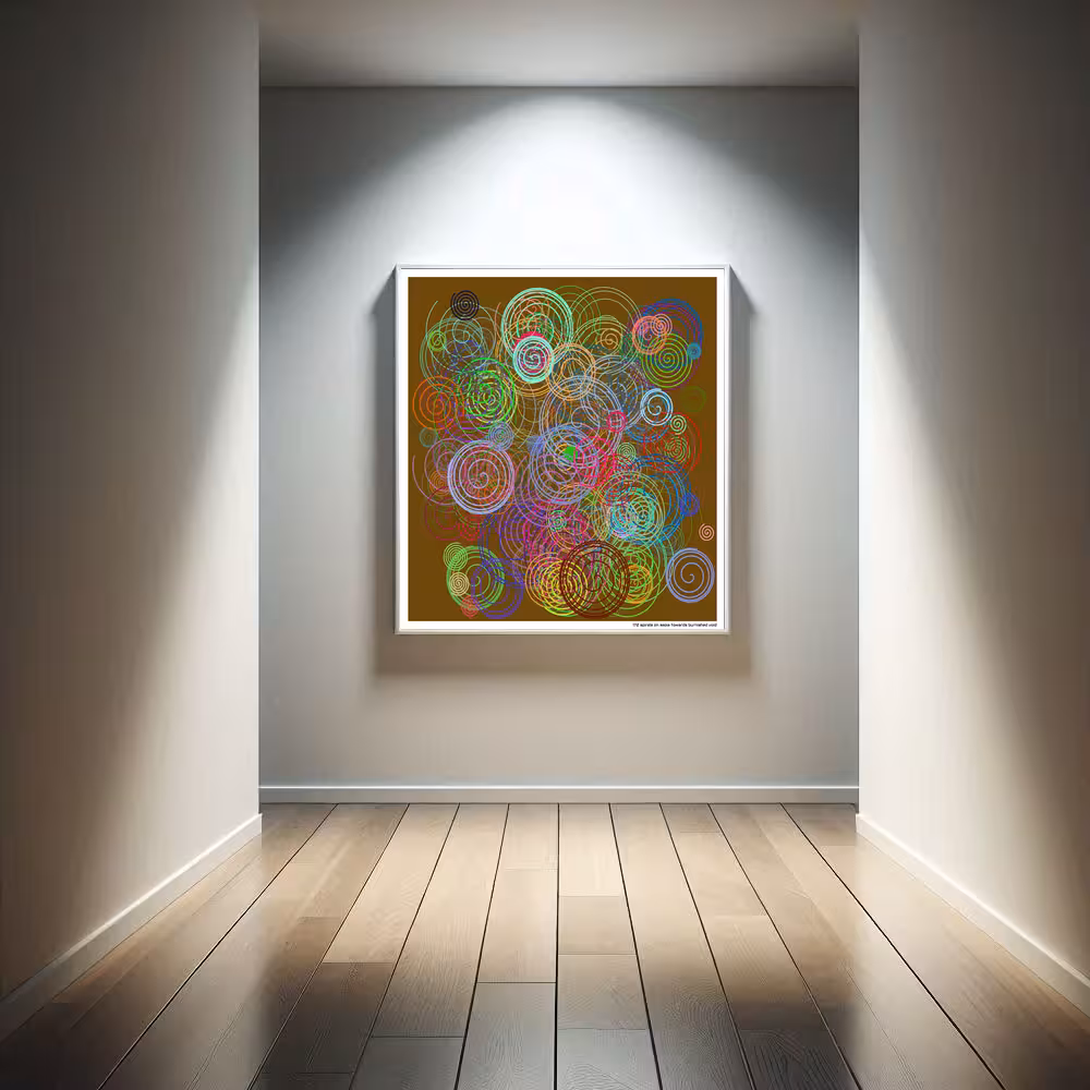 172 spirals on sepia towards burnished void in room setting