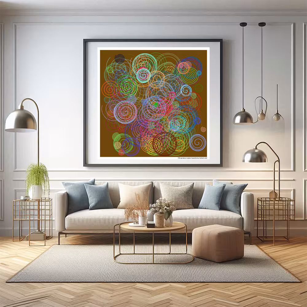 172 spirals on sepia towards burnished void in room setting