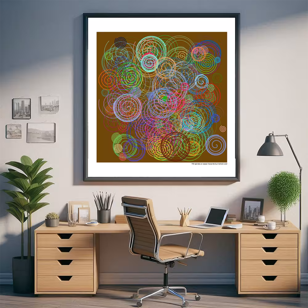 172 spirals on sepia towards burnished void in room setting