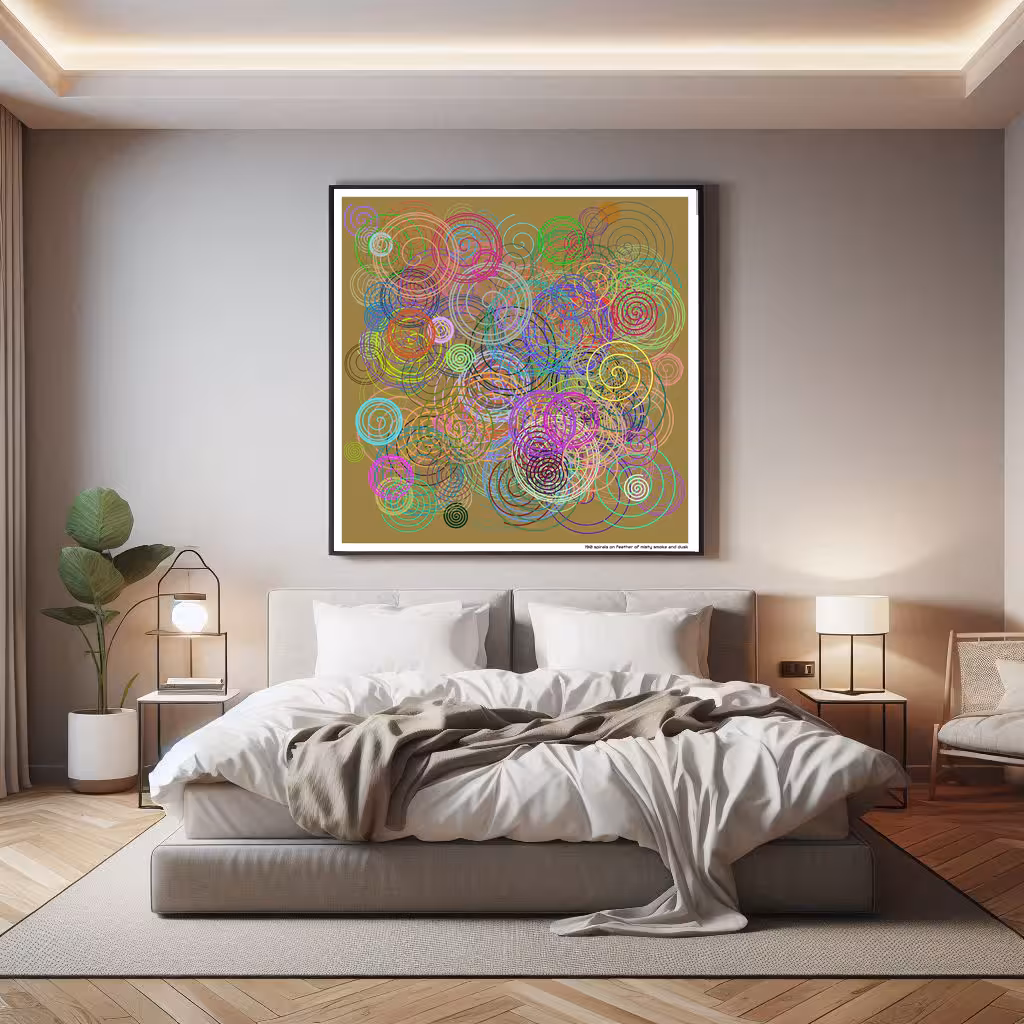 190 spirals on feather of misty smoke and dusk in room setting