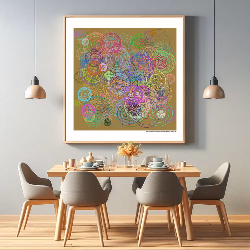 190 spirals on feather of misty smoke and dusk in room setting