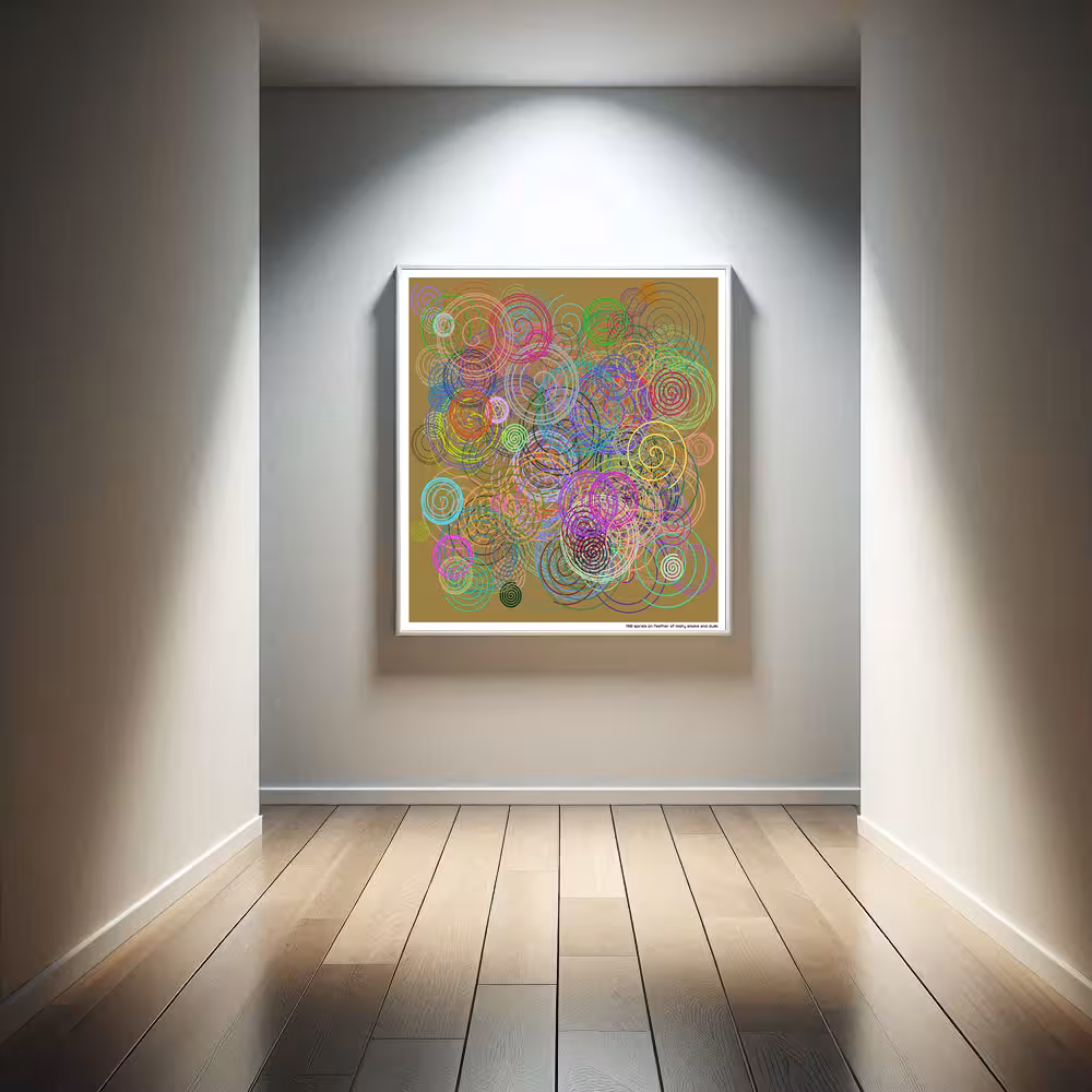 190 spirals on feather of misty smoke and dusk in room setting