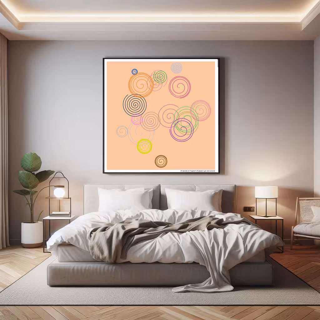 24 spirals on fragment of glazed cyan and caramel in room setting