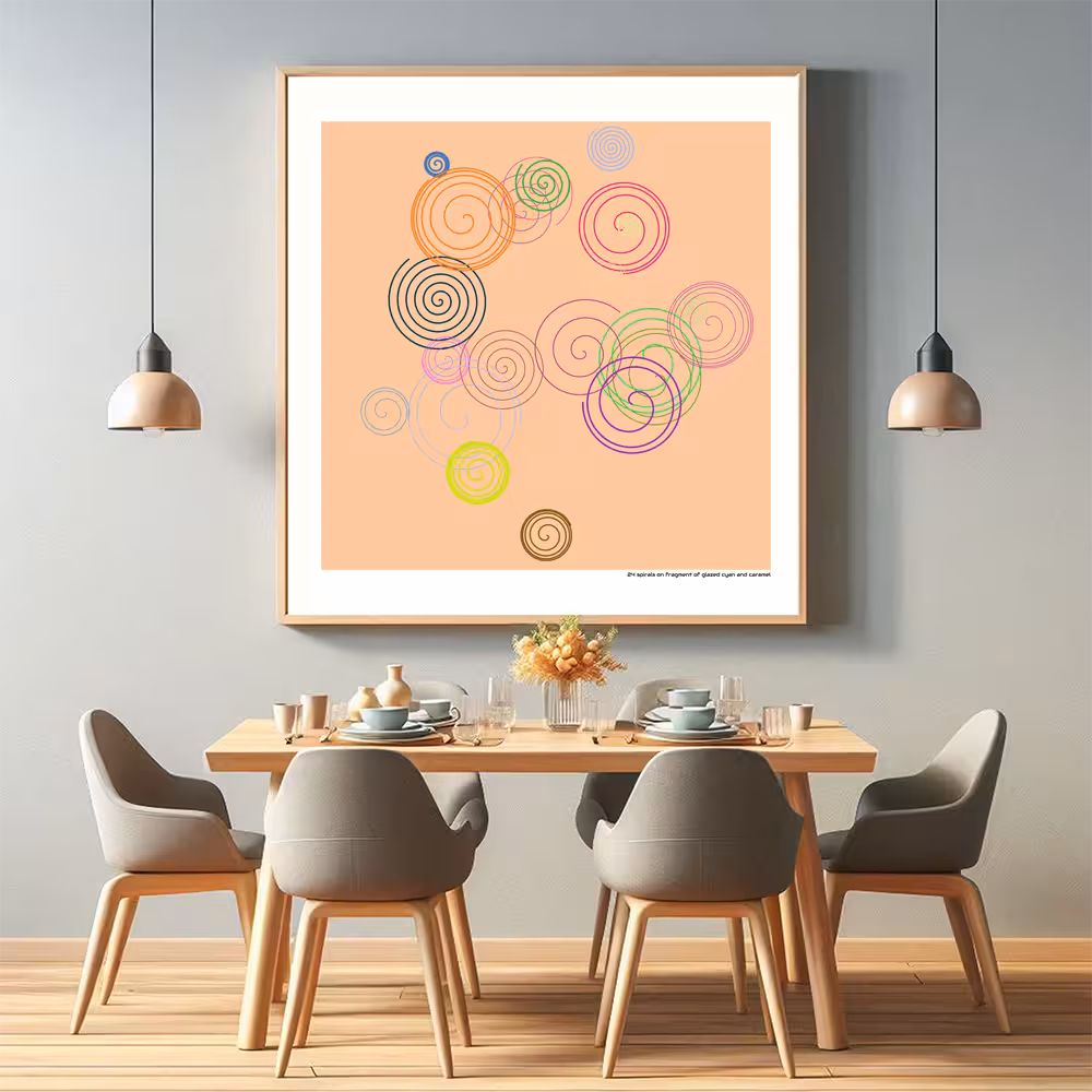 24 spirals on fragment of glazed cyan and caramel in room setting