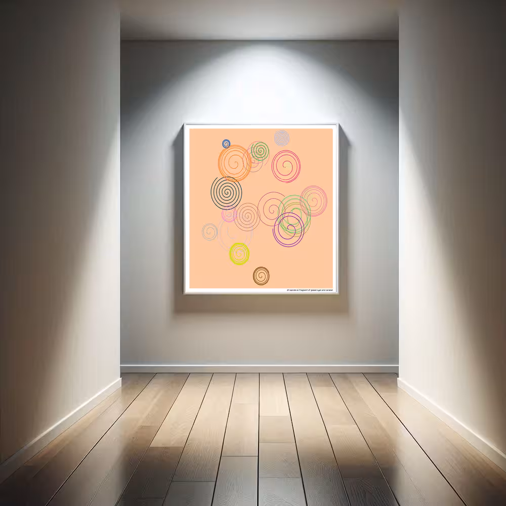 24 spirals on fragment of glazed cyan and caramel in room setting