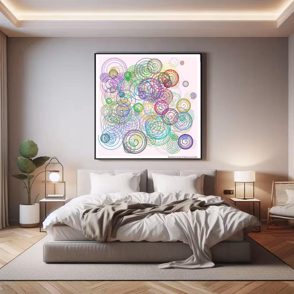 152 spirals on horizon of faded ivory and amber in room setting