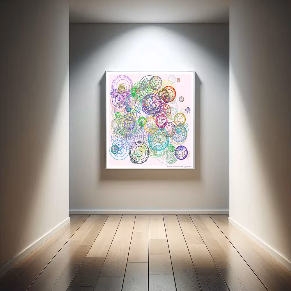 152 spirals on horizon of faded ivory and amber in room setting