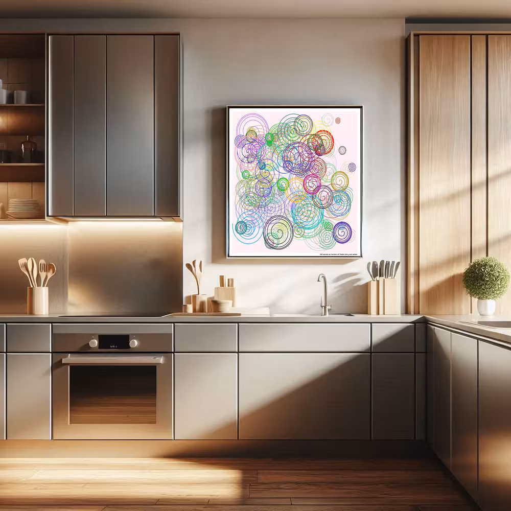 152 spirals on horizon of faded ivory and amber in room setting