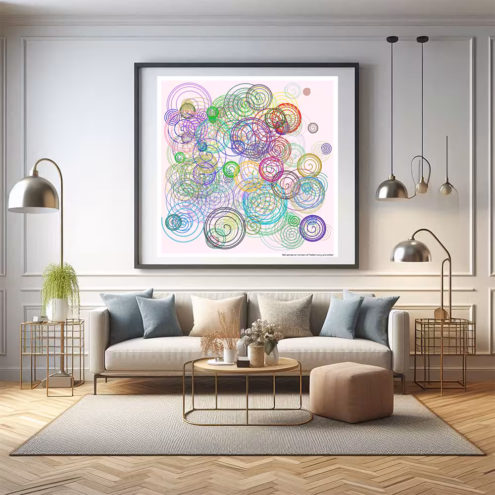 152 spirals on horizon of faded ivory and amber in room setting
