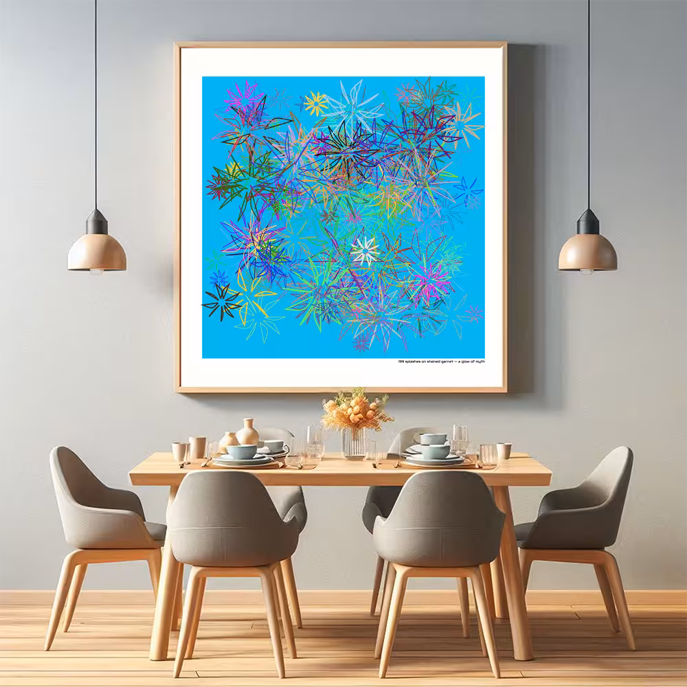 199 splashes on stained garnet — a glow of myth in room setting