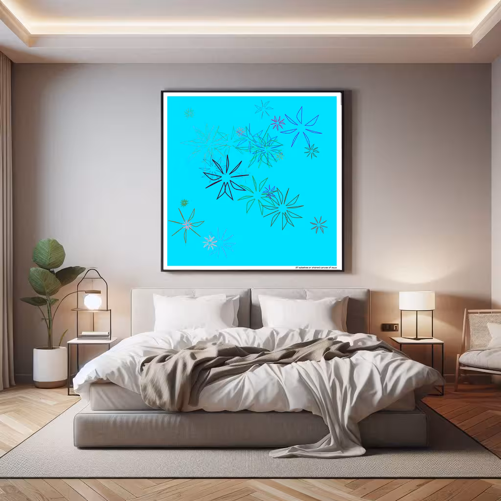 27 splashes on stained canvas of aqua in room setting