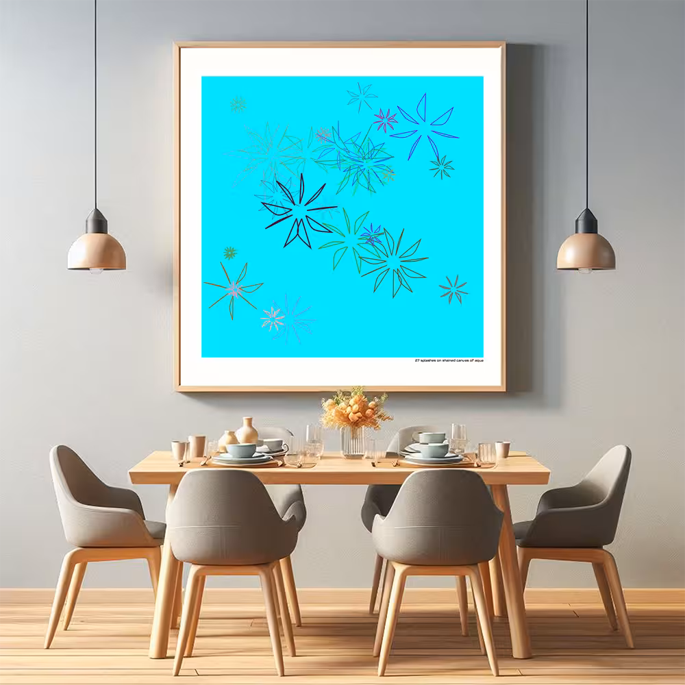 27 splashes on stained canvas of aqua in room setting