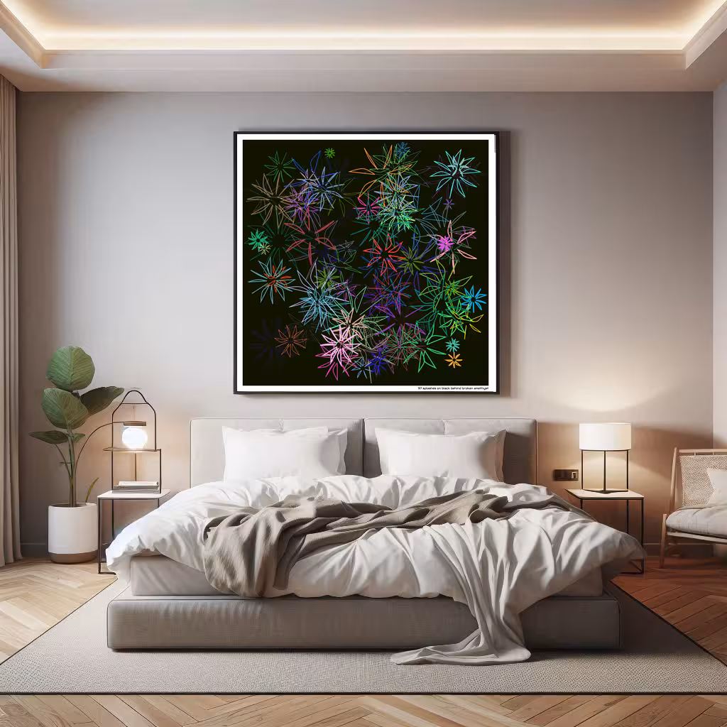 97 splashes on black behind broken amethyst in room setting