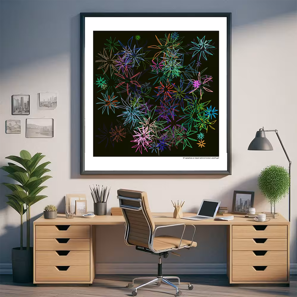 97 splashes on black behind broken amethyst in room setting