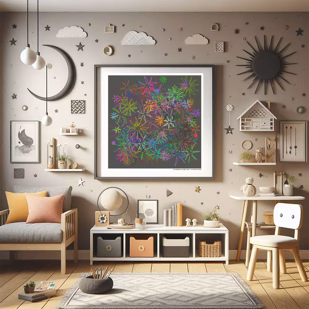 149 splashes on mystic gray — a reverie of petal in room setting