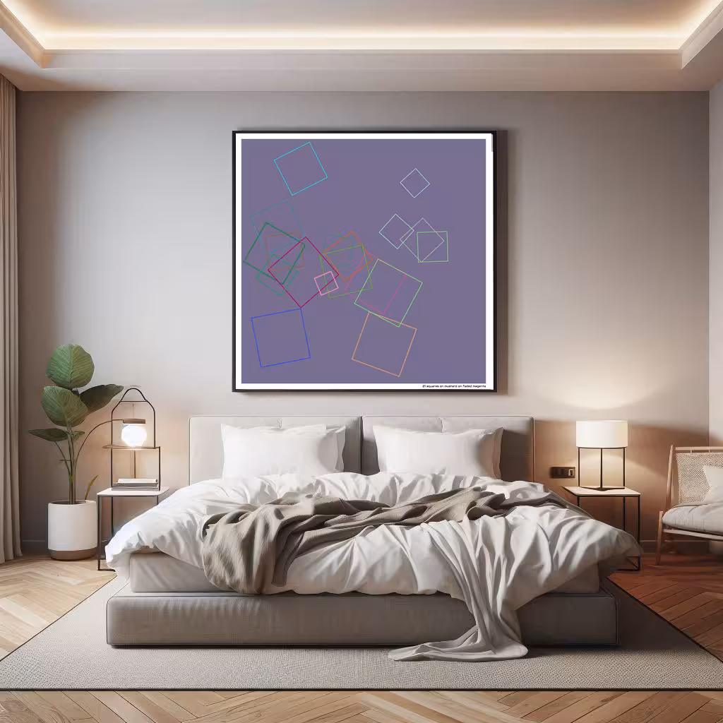 21 squares on mustard on faded magenta in room setting