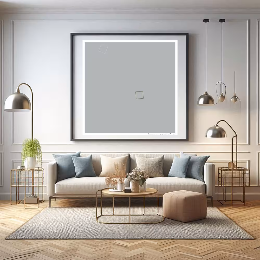 3 squares on serene gray — a chorus of horizon in room setting