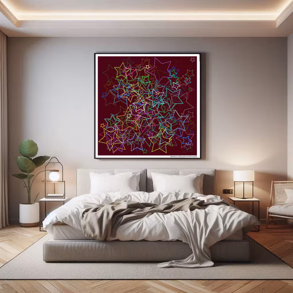 162 stars on veiled green and dancing gold in room setting