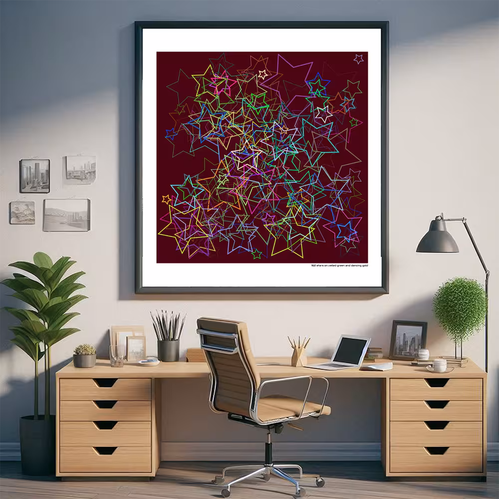 162 stars on veiled green and dancing gold in room setting