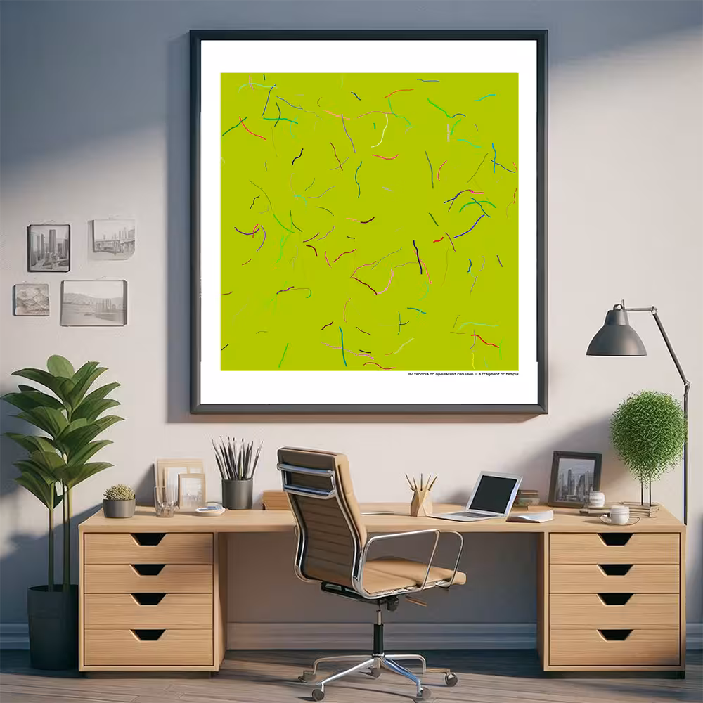 161 tendrils on opalescent cerulean — a fragment of temple in room setting