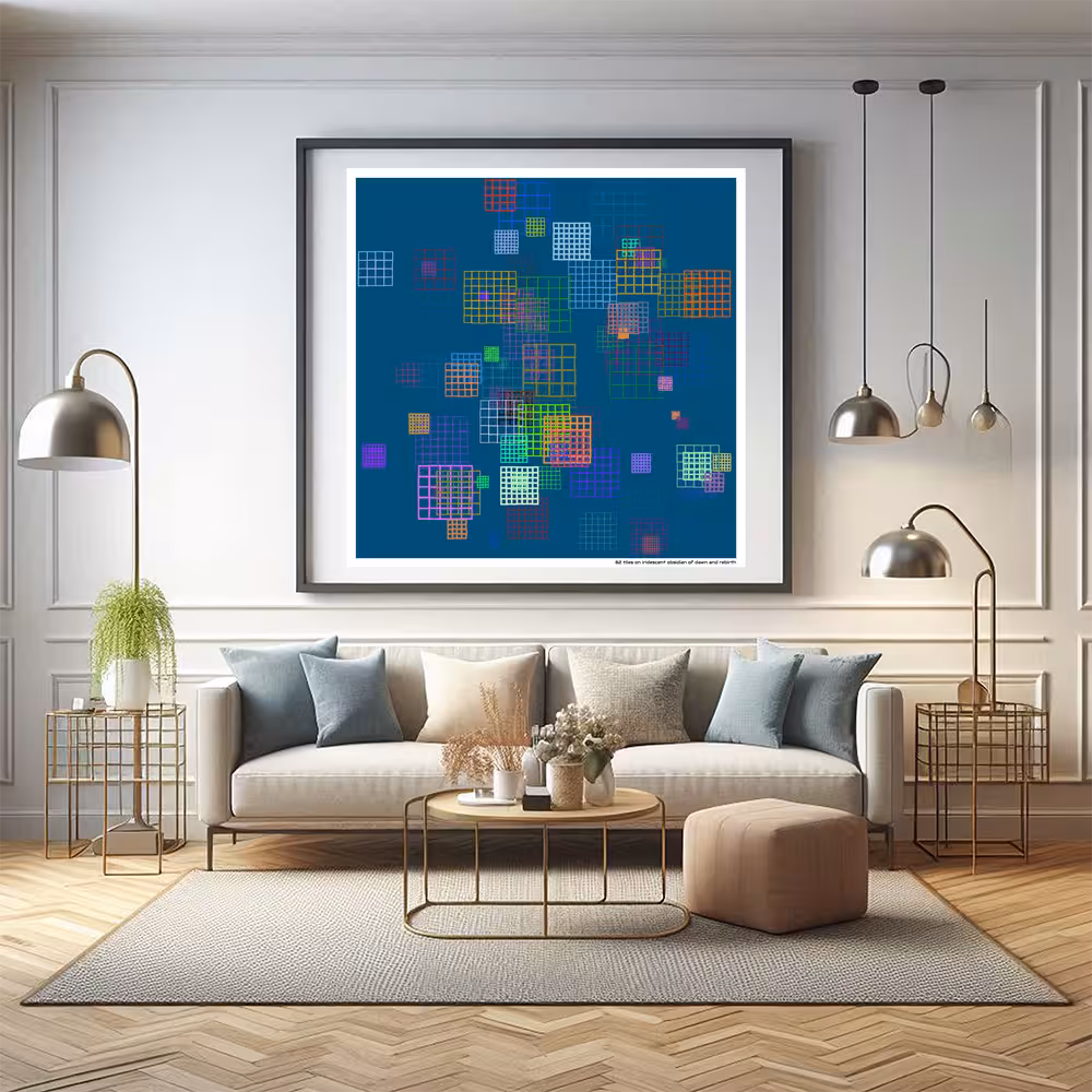 82 tiles on iridescent obsidian of dawn and rebirth in room setting