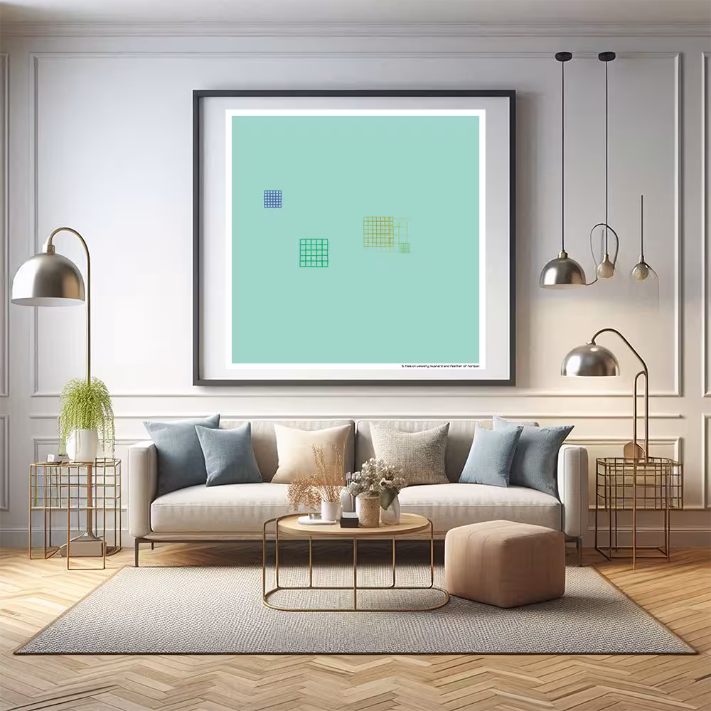 5 tiles on velvety mustard and feather of horizon in room setting