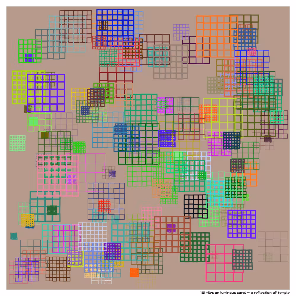 151 tiles on luminous coral — a reflection of temple