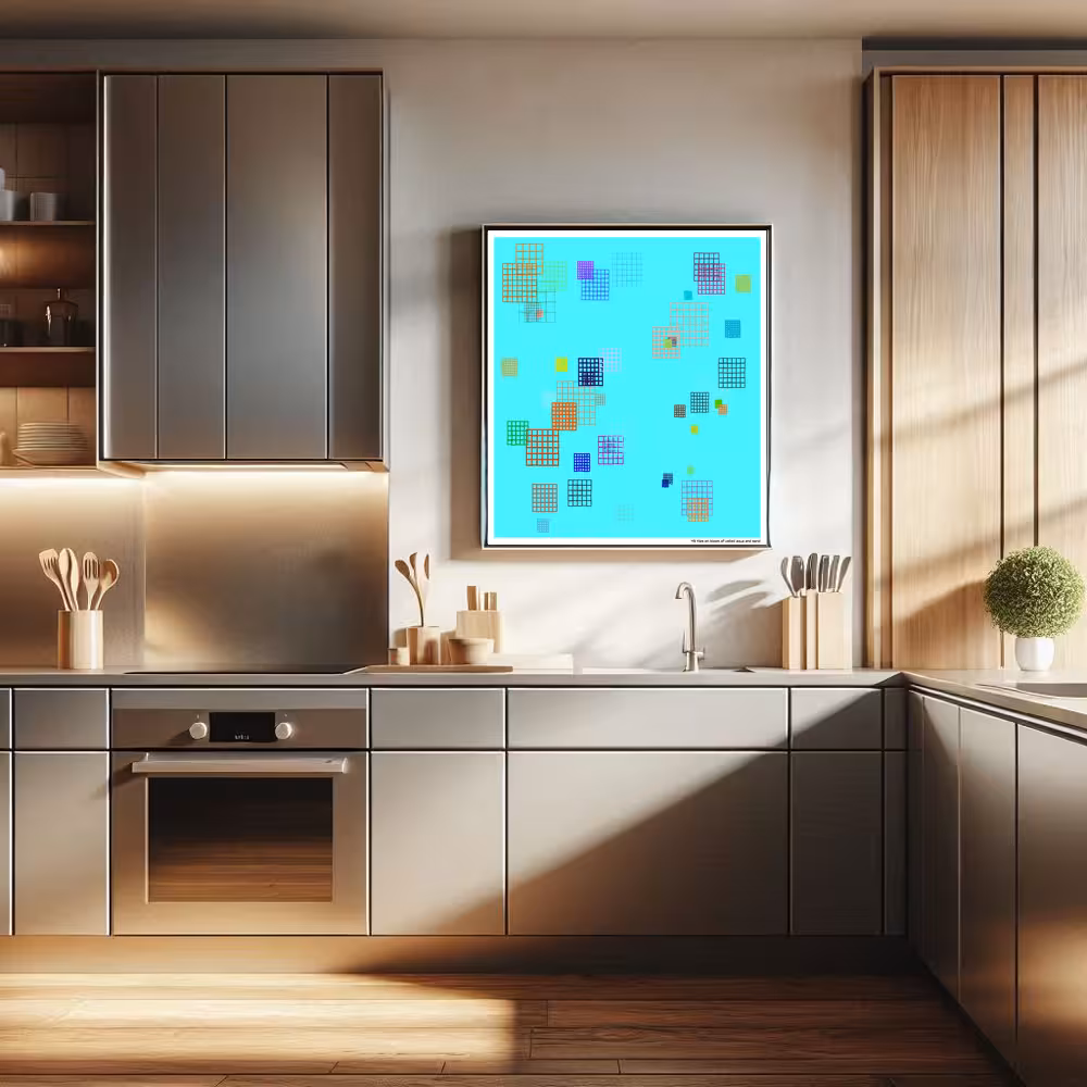 49 tiles on bloom of veiled aqua and sand in room setting