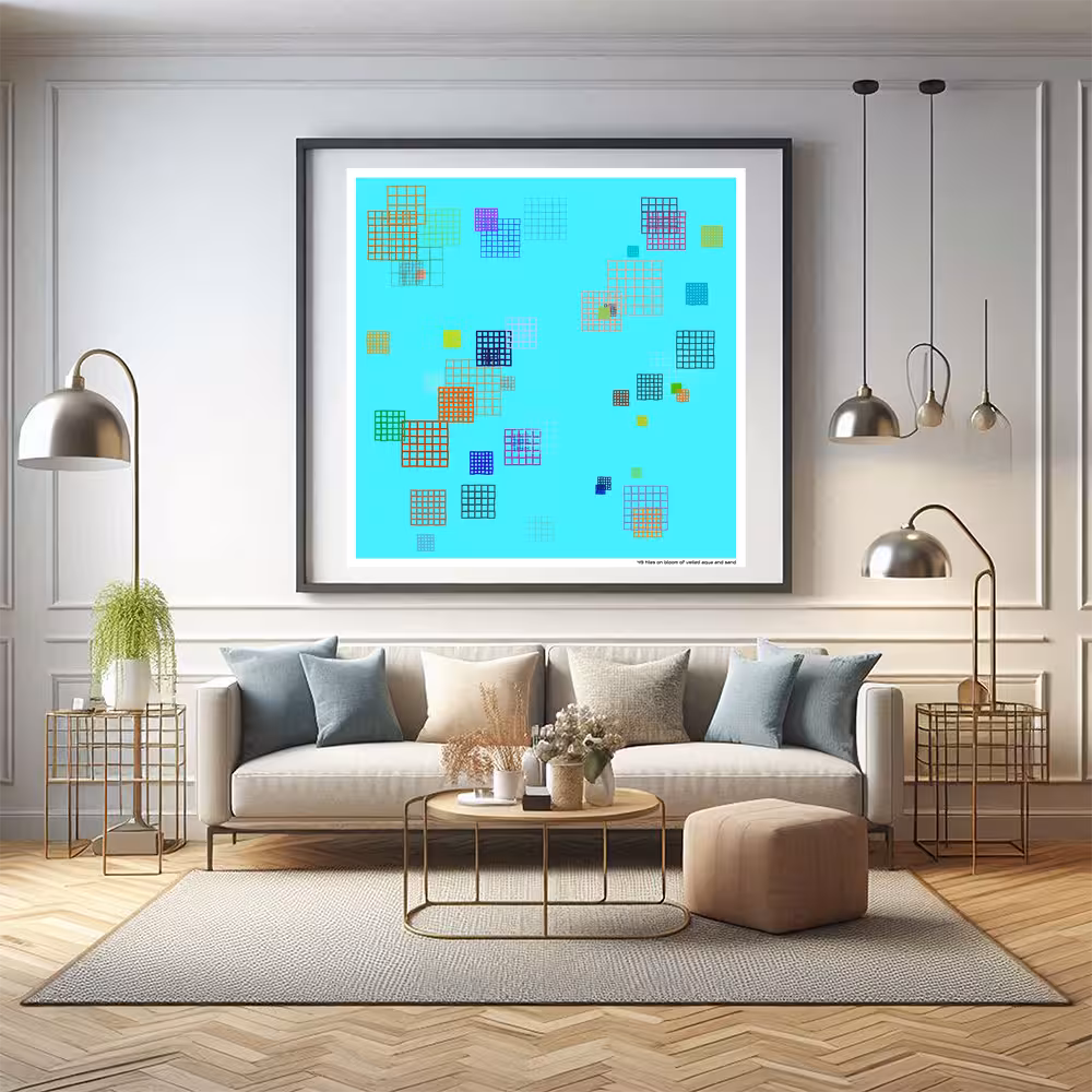 49 tiles on bloom of veiled aqua and sand in room setting