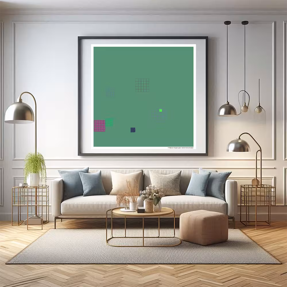 7 tiles on taupe upon nocturnal cerulean in room setting