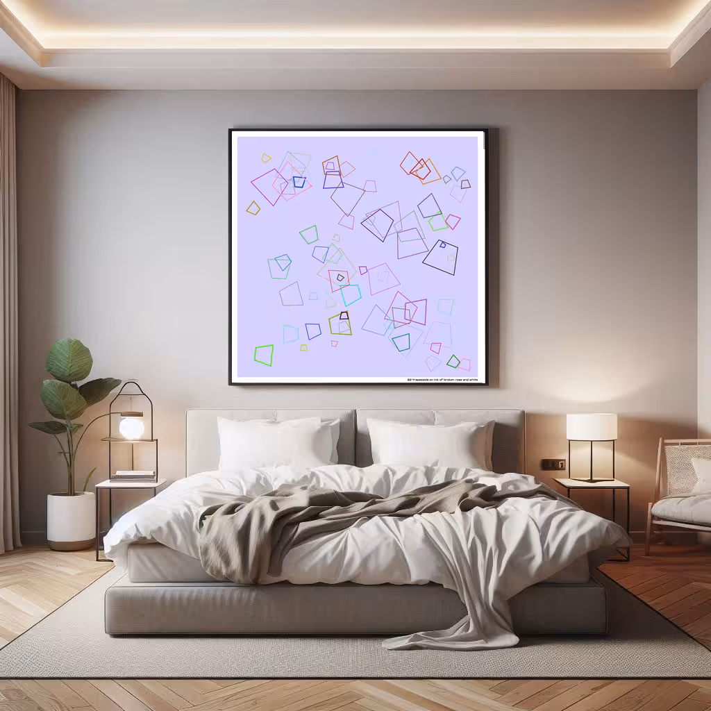 82 trapezoids on ink of broken rose and white in room setting