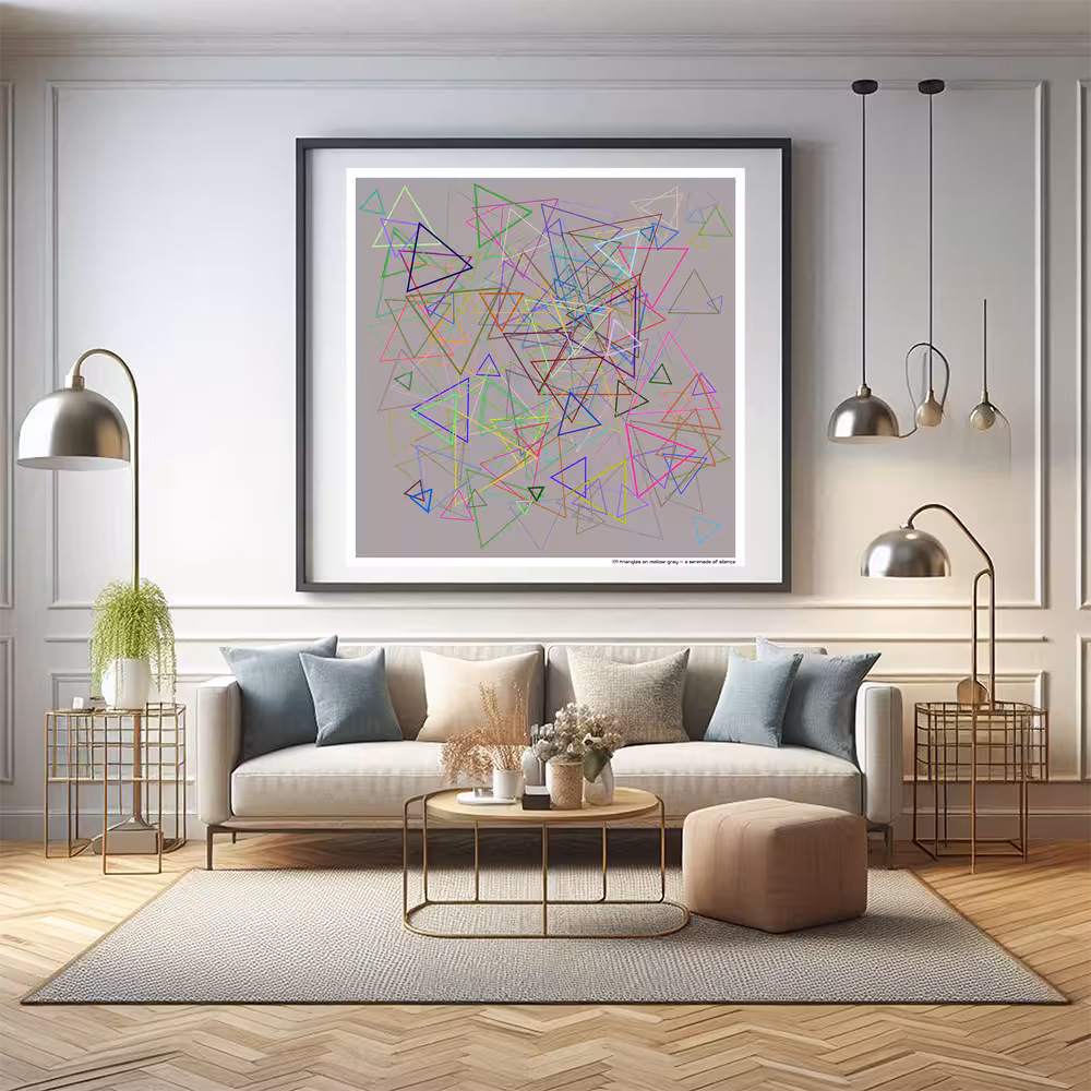 171 triangles on mellow gray — a serenade of silence in room setting