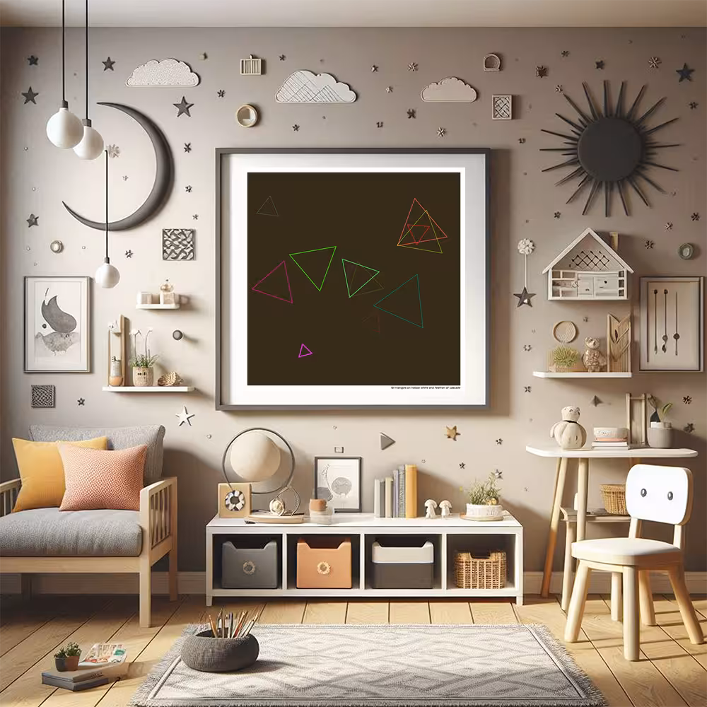 13 triangles on hollow white and feather of cascade in room setting