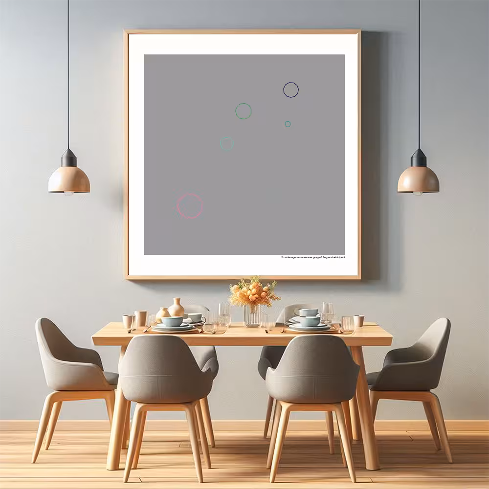 7 undecagons on serene gray of fog and whirlpool in room setting