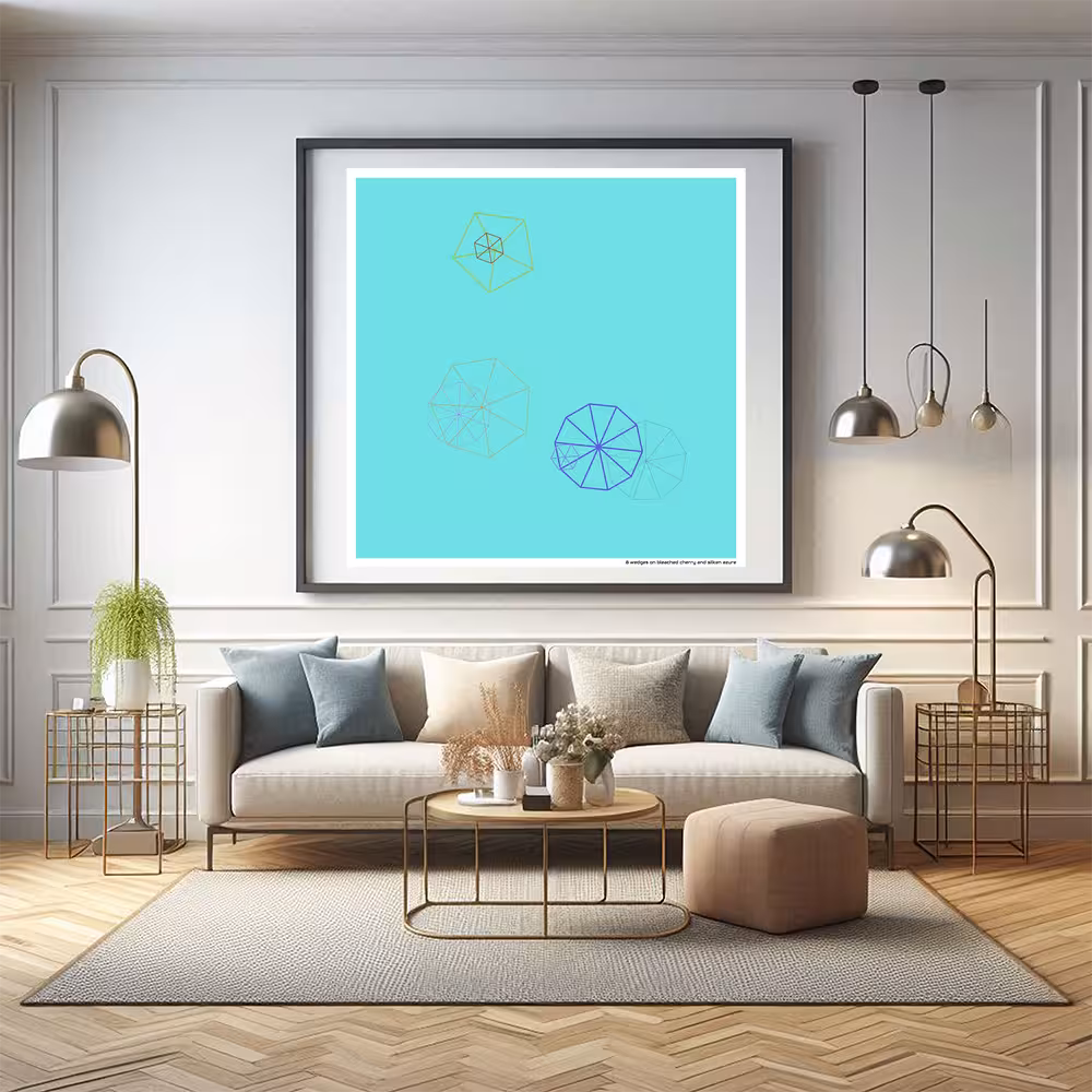 8 wedges on bleached cherry and silken azure in room setting