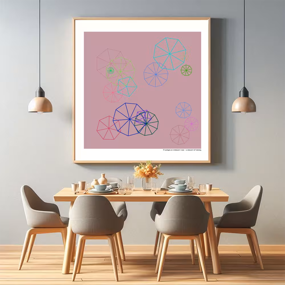 17 wedges on iridescent rose — a descent of melody in room setting
