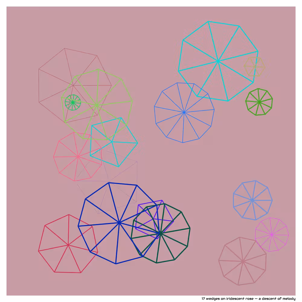 17 wedges on iridescent rose — a descent of melody