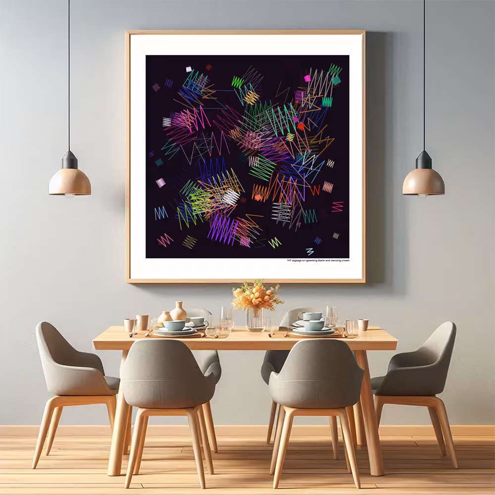 147 zigzags on gleaming black and dancing cream in room setting